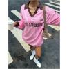 imageSOLY HUX Womens Oversized Tees Striped Letter Print Y2k Jersey T Shirt Collar V Neck Long Sleeve Loose TopsWatermelon Pink Letter