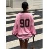 imageSOLY HUX Womens Oversized Tees Striped Letter Print Y2k Jersey T Shirt Collar V Neck Long Sleeve Loose TopsWatermelon Pink Letter