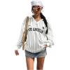 imageSOLY HUX Womens Oversized Tees Striped Letter Print Y2k Jersey T Shirt Collar V Neck Long Sleeve Loose TopsWhite Striped