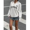 imageSOLY HUX Womens Oversized Tees Striped Letter Print Y2k Jersey T Shirt Collar V Neck Long Sleeve Loose TopsWhite Striped