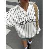 imageSOLY HUX Womens Oversized Tees Striped Letter Print Y2k Jersey T Shirt Collar V Neck Long Sleeve Loose TopsWhite Striped