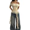 imageSOLY HUX Womens Off The Shoulder T Shirt Cap Sleeve Ruffle Asymmetrical Hem Ruched Tee Y2k Summer TopsPure Apricot
