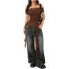 imageSOLY HUX Womens Off The Shoulder T Shirt Cap Sleeve Ruffle Asymmetrical Hem Ruched Tee Y2k Summer TopsPure Brown