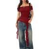 imageSOLY HUX Womens Off The Shoulder T Shirt Cap Sleeve Ruffle Asymmetrical Hem Ruched Tee Y2k Summer TopsPure Burgundy