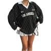 imageSOLY HUX Womens Oversized Tees Striped Letter Print Y2k Jersey T Shirt Collar V Neck Long Sleeve Loose TopsBlack Striped