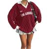 imageSOLY HUX Womens Oversized Tees Striped Letter Print Y2k Jersey T Shirt Collar V Neck Long Sleeve Loose TopsRed Striped