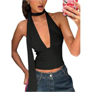 imageSOLY HUX Sexy Tops for Women Going Out Halter Scarf Crop Top Deep V Sleeveless Backless Vest Party ClubwearPlain Black
