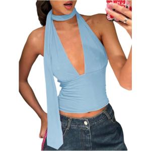 imageSOLY HUX Sexy Tops for Women Going Out Halter Scarf Crop Top Deep V Sleeveless Backless Vest Party ClubwearPlain Blue
