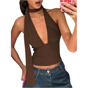 imageSOLY HUX Sexy Tops for Women Going Out Halter Scarf Crop Top Deep V Sleeveless Backless Vest Party ClubwearPlain Coffee Brown