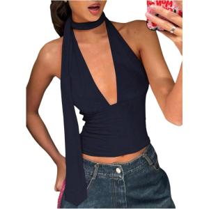 imageSOLY HUX Sexy Tops for Women Going Out Halter Scarf Crop Top Deep V Sleeveless Backless Vest Party ClubwearPlain Dark Blue
