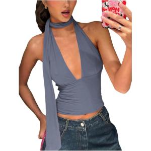 imageSOLY HUX Sexy Tops for Women Going Out Halter Scarf Crop Top Deep V Sleeveless Backless Vest Party ClubwearPlain Dusty Blue