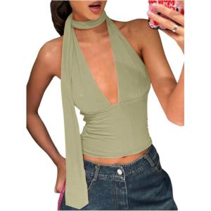 imageSOLY HUX Sexy Tops for Women Going Out Halter Scarf Crop Top Deep V Sleeveless Backless Vest Party ClubwearPlain Green