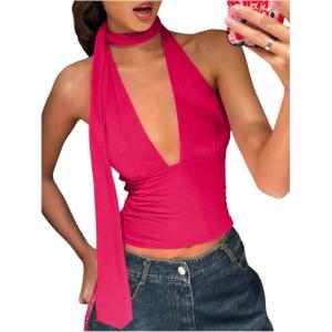 imageSOLY HUX Sexy Tops for Women Going Out Halter Scarf Crop Top Deep V Sleeveless Backless Vest Party ClubwearPlain Hotpink