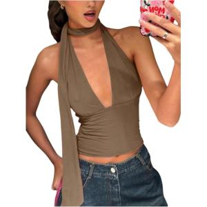 imageSOLY HUX Sexy Tops for Women Going Out Halter Scarf Crop Top Deep V Sleeveless Backless Vest Party ClubwearPlain Khaki