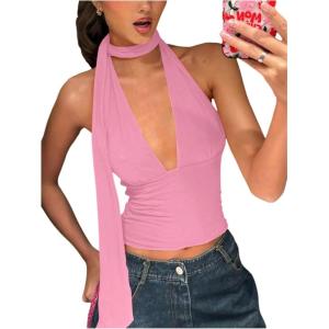 imageSOLY HUX Sexy Tops for Women Going Out Halter Scarf Crop Top Deep V Sleeveless Backless Vest Party ClubwearPlain Light Pink
