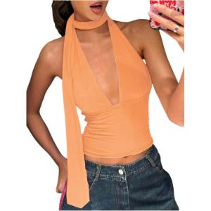 imageSOLY HUX Sexy Tops for Women Going Out Halter Scarf Crop Top Deep V Sleeveless Backless Vest Party ClubwearPlain Orange