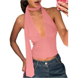 imageSOLY HUX Sexy Tops for Women Going Out Halter Scarf Crop Top Deep V Sleeveless Backless Vest Party ClubwearPlain Pink