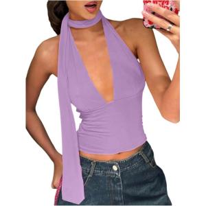 imageSOLY HUX Sexy Tops for Women Going Out Halter Scarf Crop Top Deep V Sleeveless Backless Vest Party ClubwearPlain Purple