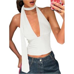 imageSOLY HUX Sexy Tops for Women Going Out Halter Scarf Crop Top Deep V Sleeveless Backless Vest Party ClubwearPlain White