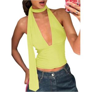 imageSOLY HUX Sexy Tops for Women Going Out Halter Scarf Crop Top Deep V Sleeveless Backless Vest Party ClubwearPlain Yellow