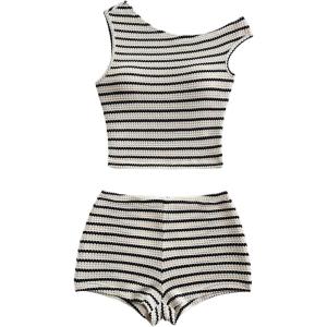 imageSOLY HUX Womens 2 Piece Striped Off The Shoulder Crop Tops and Mini Shorts Set Summer Y2K Going Out OutfitsBlack and White Striped
