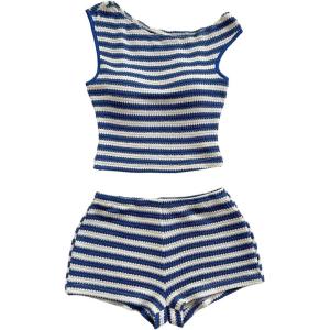 imageSOLY HUX Womens 2 Piece Striped Off The Shoulder Crop Tops and Mini Shorts Set Summer Y2K Going Out OutfitsBlue and White Striped