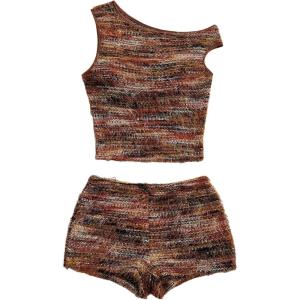 imageSOLY HUX Womens 2 Piece Striped Off The Shoulder Crop Tops and Mini Shorts Set Summer Y2K Going Out OutfitsBrown Fuzzy