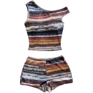 imageSOLY HUX Womens 2 Piece Striped Off The Shoulder Crop Tops and Mini Shorts Set Summer Y2K Going Out OutfitsMulti Brown