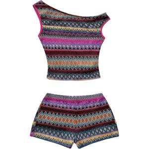 imageSOLY HUX Womens 2 Piece Striped Off The Shoulder Crop Tops and Mini Shorts Set Summer Y2K Going Out OutfitsMulticolor Chevron