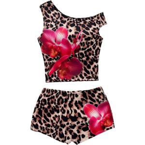 imageSOLY HUX Womens 2 Piece Striped Off The Shoulder Crop Tops and Mini Shorts Set Summer Y2K Going Out OutfitsMulticoloured Leopard