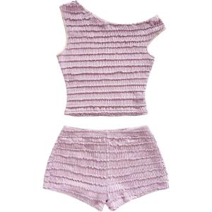 imageSOLY HUX Womens 2 Piece Striped Off The Shoulder Crop Tops and Mini Shorts Set Summer Y2K Going Out OutfitsPink Textured