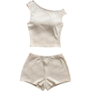 imageSOLY HUX Womens 2 Piece Striped Off The Shoulder Crop Tops and Mini Shorts Set Summer Y2K Going Out OutfitsPure Apricot Textured