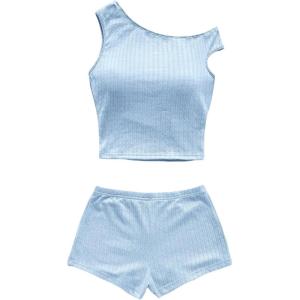 imageSOLY HUX Womens 2 Piece Striped Off The Shoulder Crop Tops and Mini Shorts Set Summer Y2K Going Out OutfitsPure Light Blue Textured