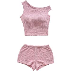 imageSOLY HUX Womens 2 Piece Striped Off The Shoulder Crop Tops and Mini Shorts Set Summer Y2K Going Out OutfitsPure Pink Textured