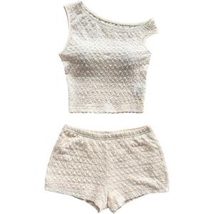 imageSOLY HUX Womens 2 Piece Striped Off The Shoulder Crop Tops and Mini Shorts Set Summer Y2K Going Out OutfitsPure White Textured