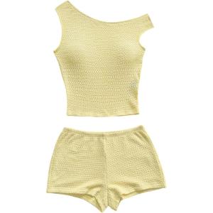 imageSOLY HUX Womens 2 Piece Striped Off The Shoulder Crop Tops and Mini Shorts Set Summer Y2K Going Out OutfitsPure Yellow Textured