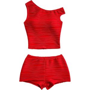 imageSOLY HUX Womens 2 Piece Striped Off The Shoulder Crop Tops and Mini Shorts Set Summer Y2K Going Out OutfitsSolid Red
