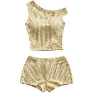 imageSOLY HUX Womens 2 Piece Striped Off The Shoulder Crop Tops and Mini Shorts Set Summer Y2K Going Out OutfitsSolid Yellow