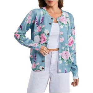 imageSOLY HUX Womens Floral Print Button Down Cardigan Sweater Lightweight Cozy Fall Outfits Trendy 2025Mint Green Flowers