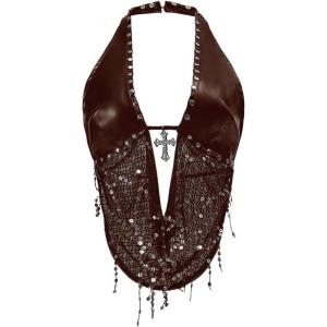 imageSOLY HUX Womens Gothic Grunge PU Leather Sparkly Halter Crop Top Y2k Deep V Neck Vest Rave OutfitsPlain Brown