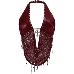 imageSOLY HUX Womens Gothic Grunge PU Leather Sparkly Halter Crop Top Y2k Deep V Neck Vest Rave OutfitsPlain Burgundy