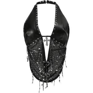 imageSOLY HUX Womens Gothic Grunge PU Leather Sparkly Halter Crop Top Y2k Deep V Neck Vest Rave OutfitsSolid Black