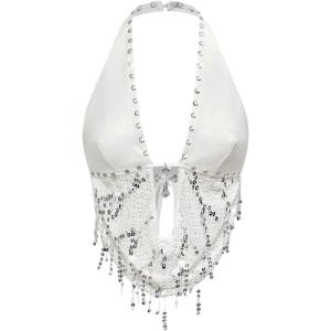 imageSOLY HUX Womens Gothic Grunge PU Leather Sparkly Halter Crop Top Y2k Deep V Neck Vest Rave OutfitsSolid White