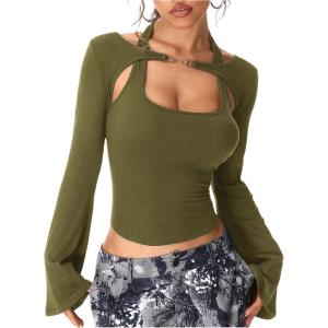 imageSOLY HUX Womens Long Sleeve Shirts Y2k Crop Tops Halter Neck Fitted TShirt Going Out TeesArmy Green