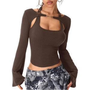 imageSOLY HUX Womens Long Sleeve Shirts Y2k Crop Tops Halter Neck Fitted TShirt Going Out TeesCoffee Brown