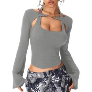 imageSOLY HUX Womens Long Sleeve Shirts Y2k Crop Tops Halter Neck Fitted TShirt Going Out TeesDark Grey