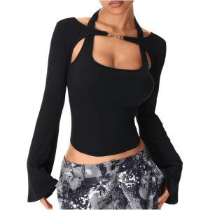 imageSOLY HUX Womens Long Sleeve Shirts Y2k Crop Tops Halter Neck Fitted TShirt Going Out TeesPure Black