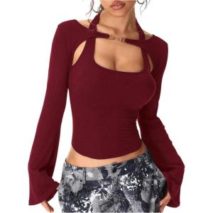 imageSOLY HUX Womens Long Sleeve Shirts Y2k Crop Tops Halter Neck Fitted TShirt Going Out TeesPure Burgundy