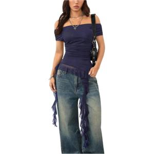 imageSOLY HUX Womens Off The Shoulder T Shirt Cap Sleeve Ruffle Asymmetrical Hem Ruched Tee Y2k Summer TopsPlain Dark Blue