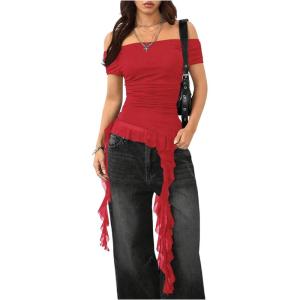 imageSOLY HUX Womens Off The Shoulder T Shirt Cap Sleeve Ruffle Asymmetrical Hem Ruched Tee Y2k Summer TopsPlain Red